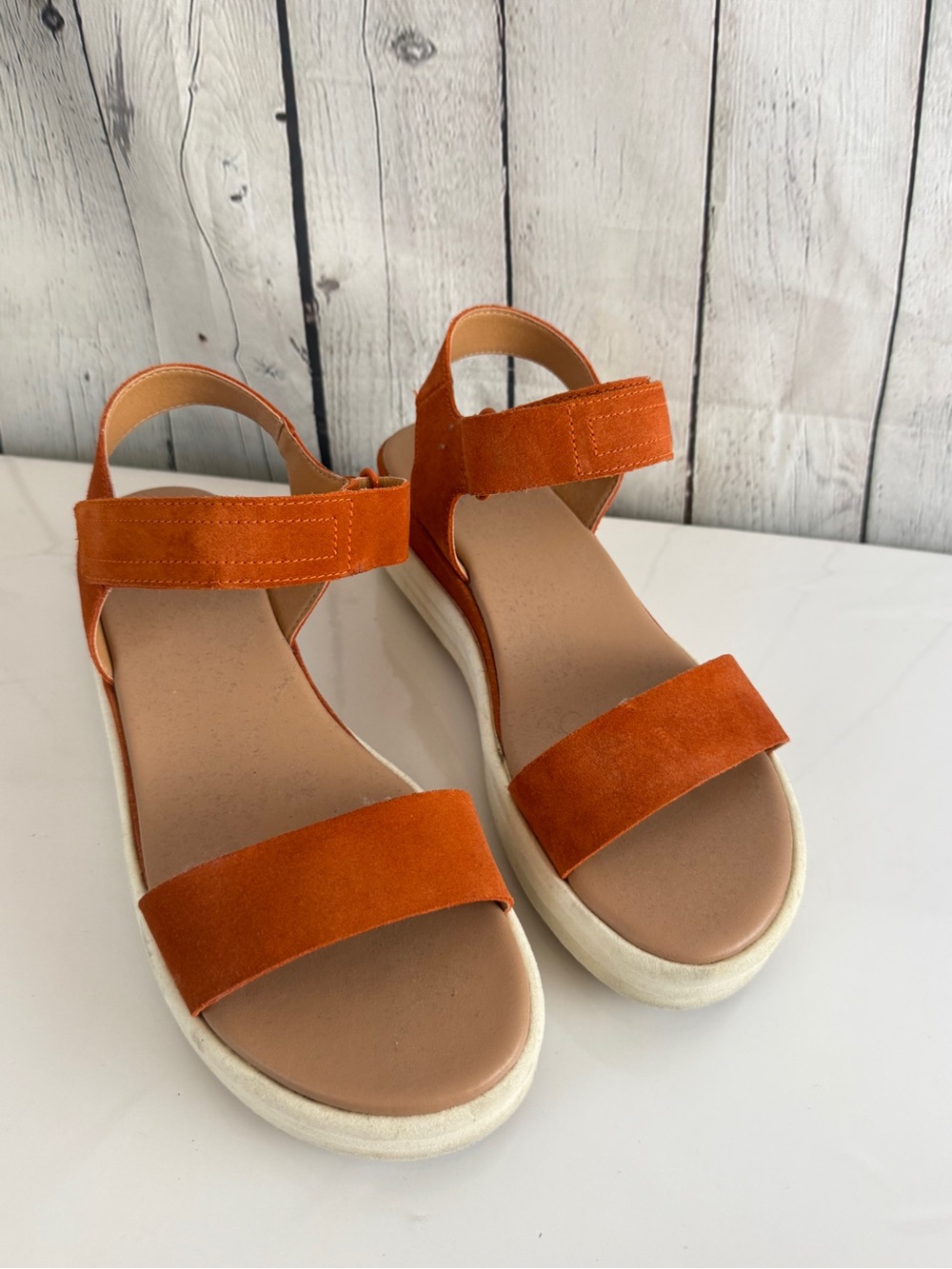 Sorel Orange Suede Two-Strap Platform Sandals 10